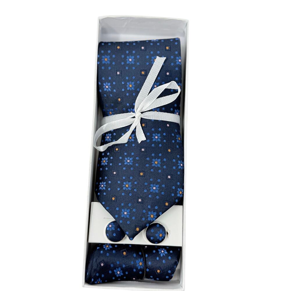 Dark Blue Floral Tie, Cufflinks, Handkerchief Set